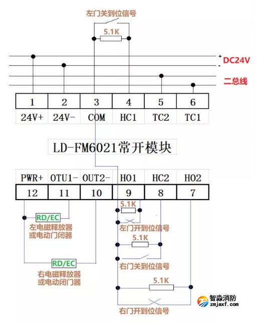 LD-FM6021利达防火门监控常开模块接线图