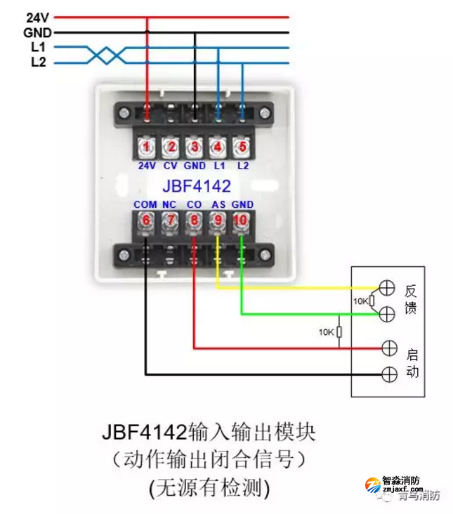 JBF4142输入/输出模块动作输出闭合信号（无源有检测）接线图