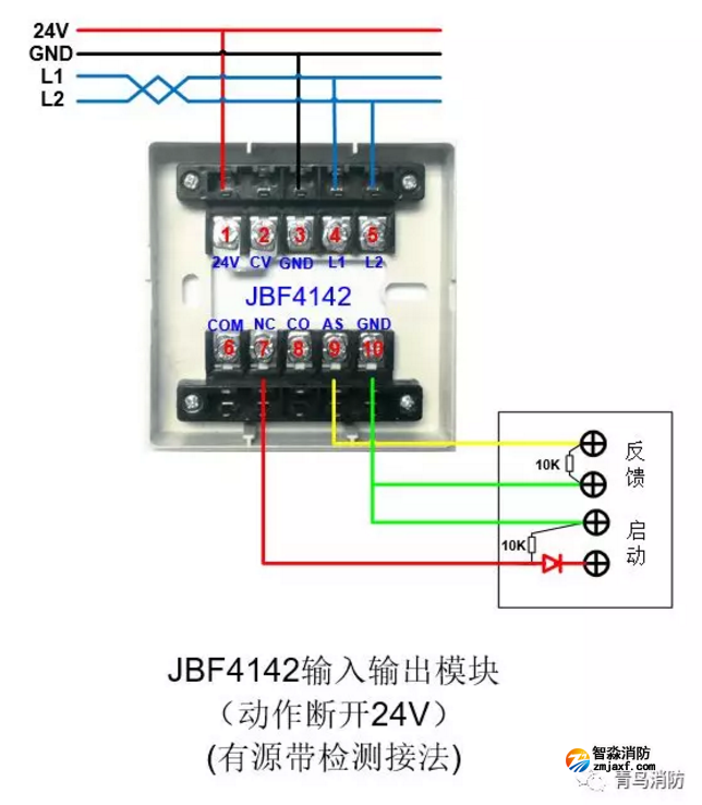 JBF4142输入/输出模块动作断开24V（有源有检测）接线图