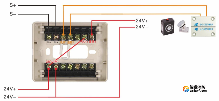 J-EI6341防火门监控模块接电磁释放器与门磁开关接线图（常开式防火门）