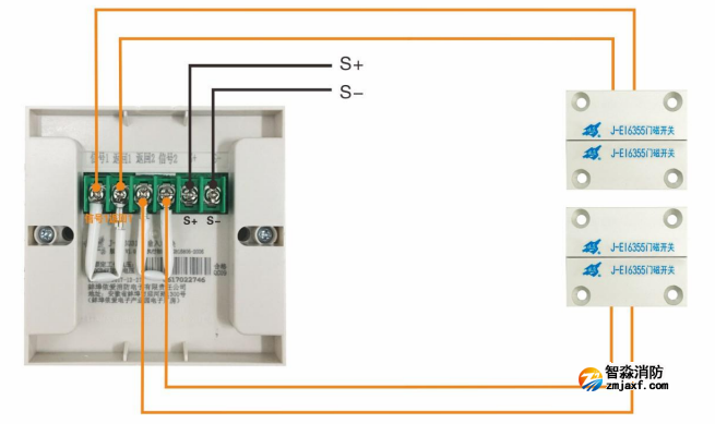 J-EI6031双输入模块接门磁开关接线图（常闭式双扇防火门）
